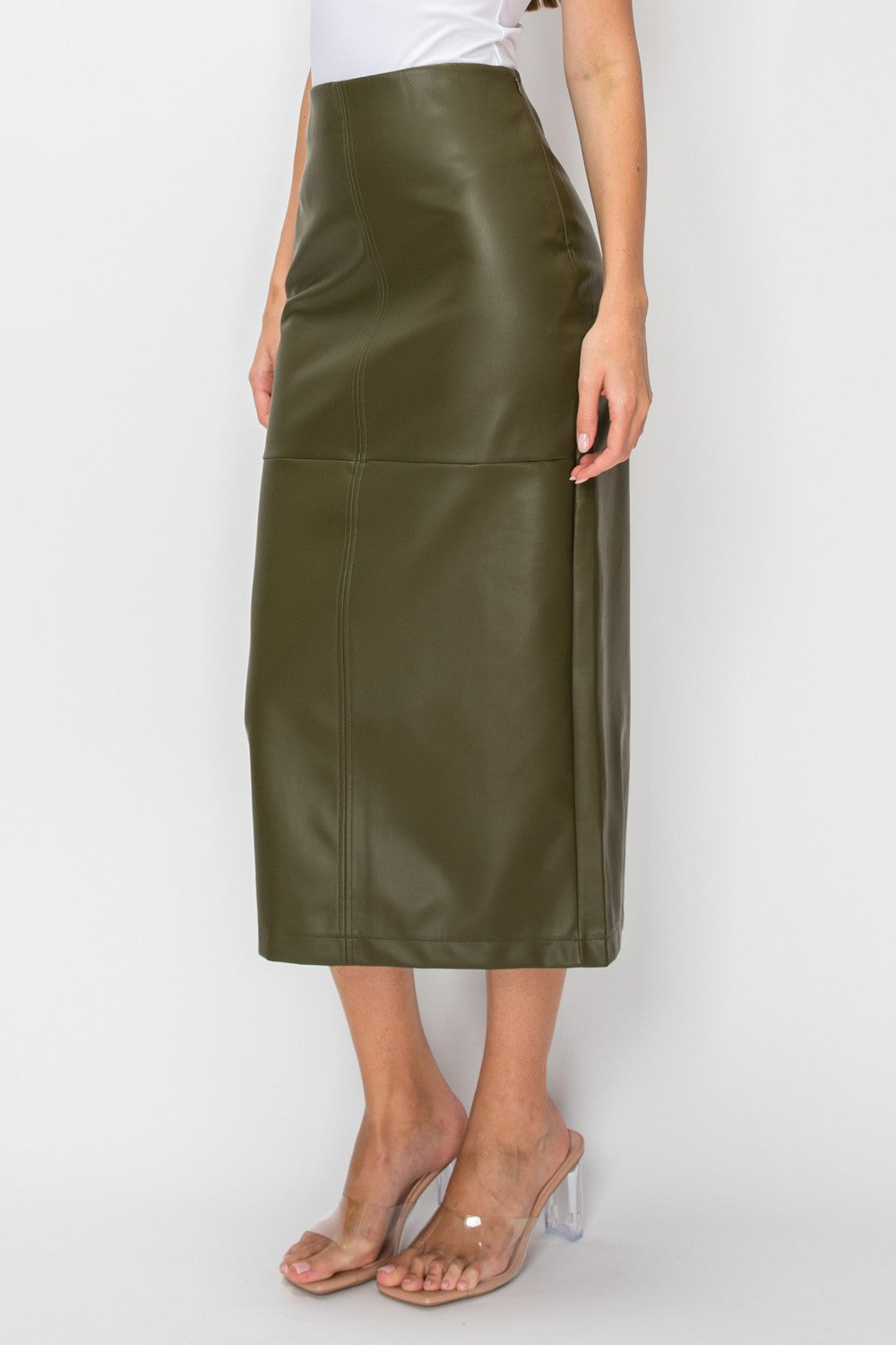 High Waist Faux Leather Pencil Midi Skirt Olive