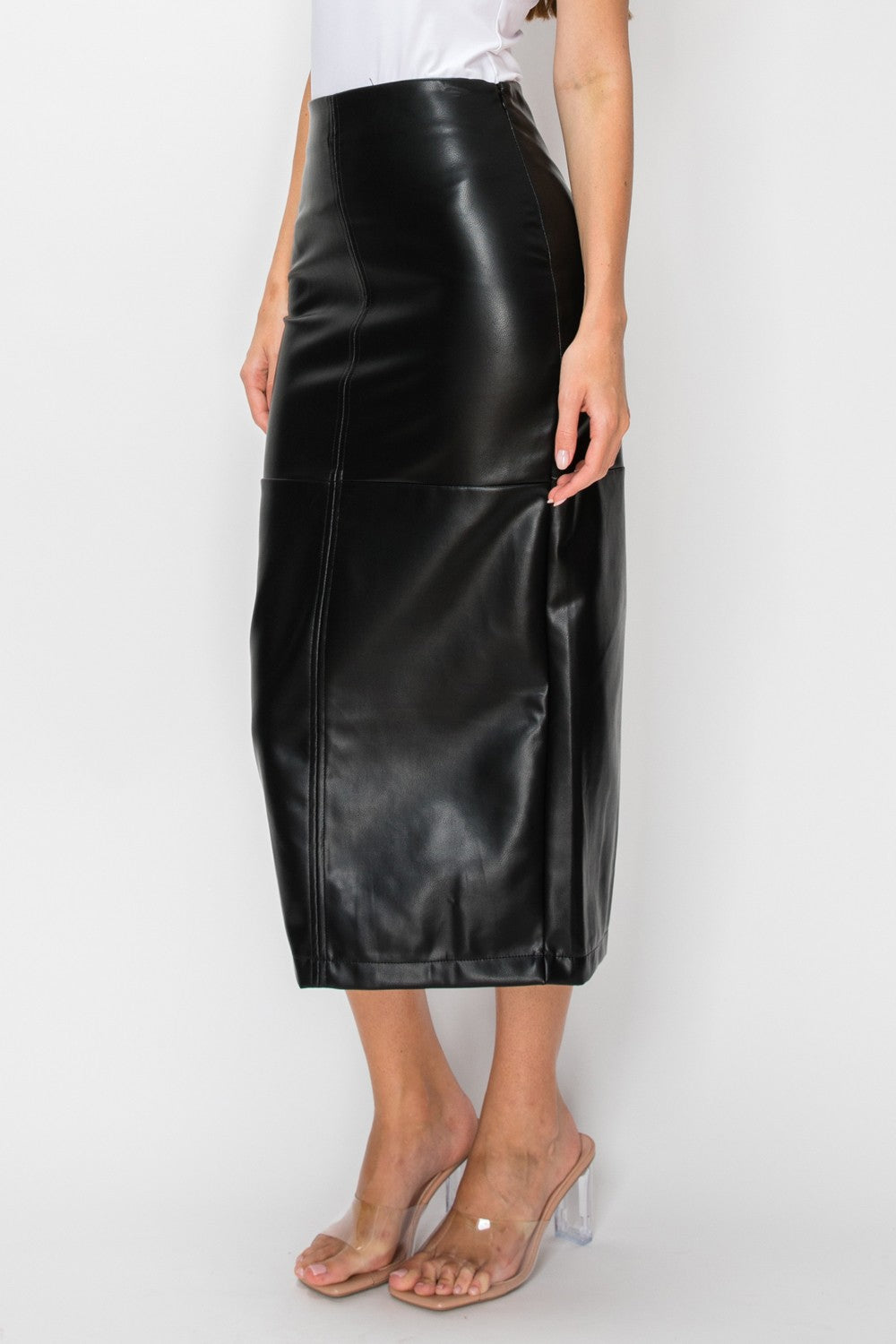 High Waist Faux Leather Pencil Midi Skirt Black