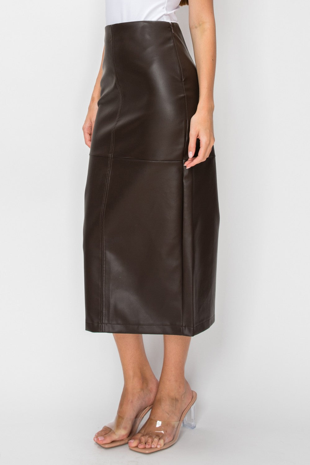 High Waist Faux Leather Pencil Midi Skirt Brown