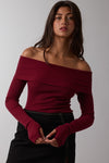 Long Sleeve Off The Shoulder Knit Top Burgundy