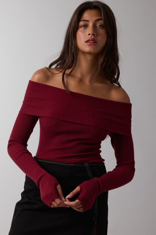 Long Sleeve Off The Shoulder Knit Top Burgundy
