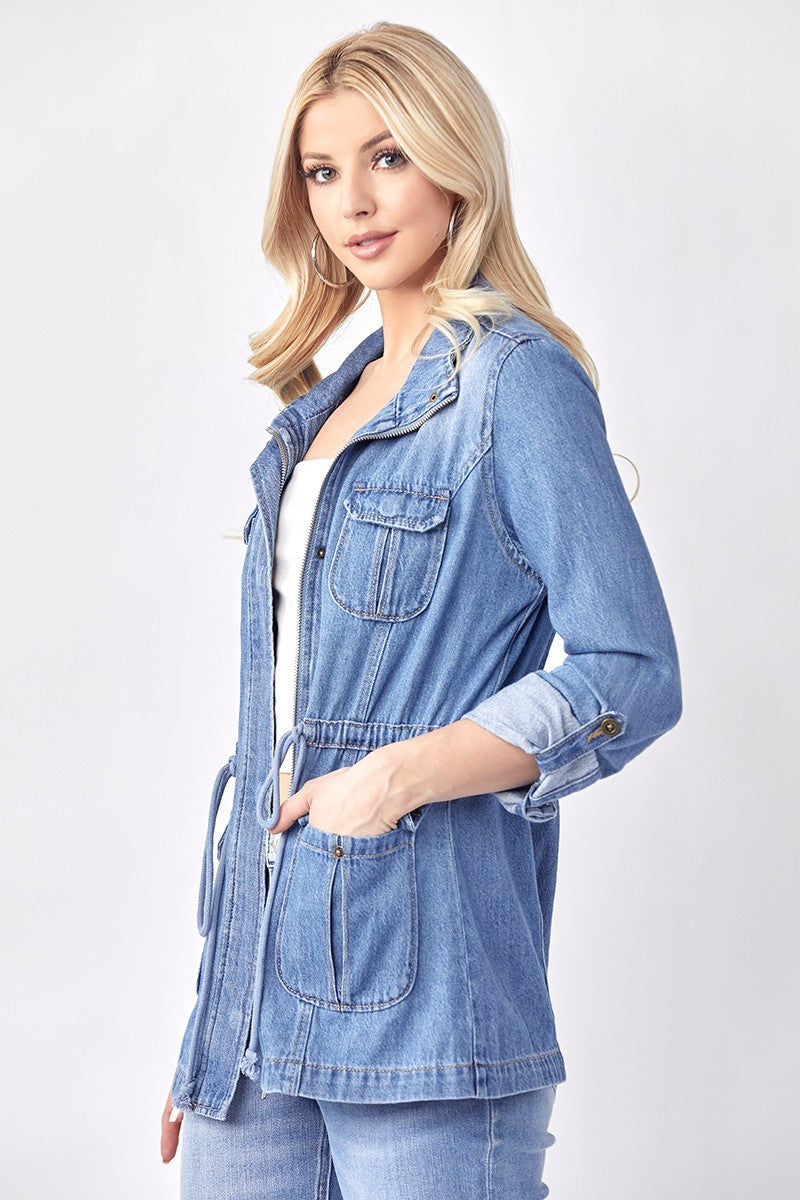 Long Sleeve Oversized Cargo Denim Jacket Medium Wash