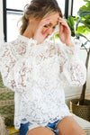 Long Balloon Sleeve Floral Lace Top White