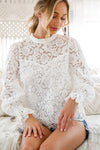 Long Balloon Sleeve Floral Lace Top White
