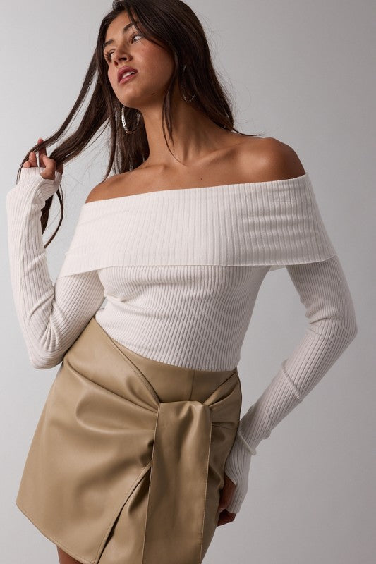 Long Sleeve Off The Shoulder Knit Top Ivory