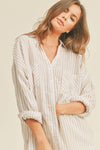 Long Sleeve Stripe Print Button Down Top Beige
