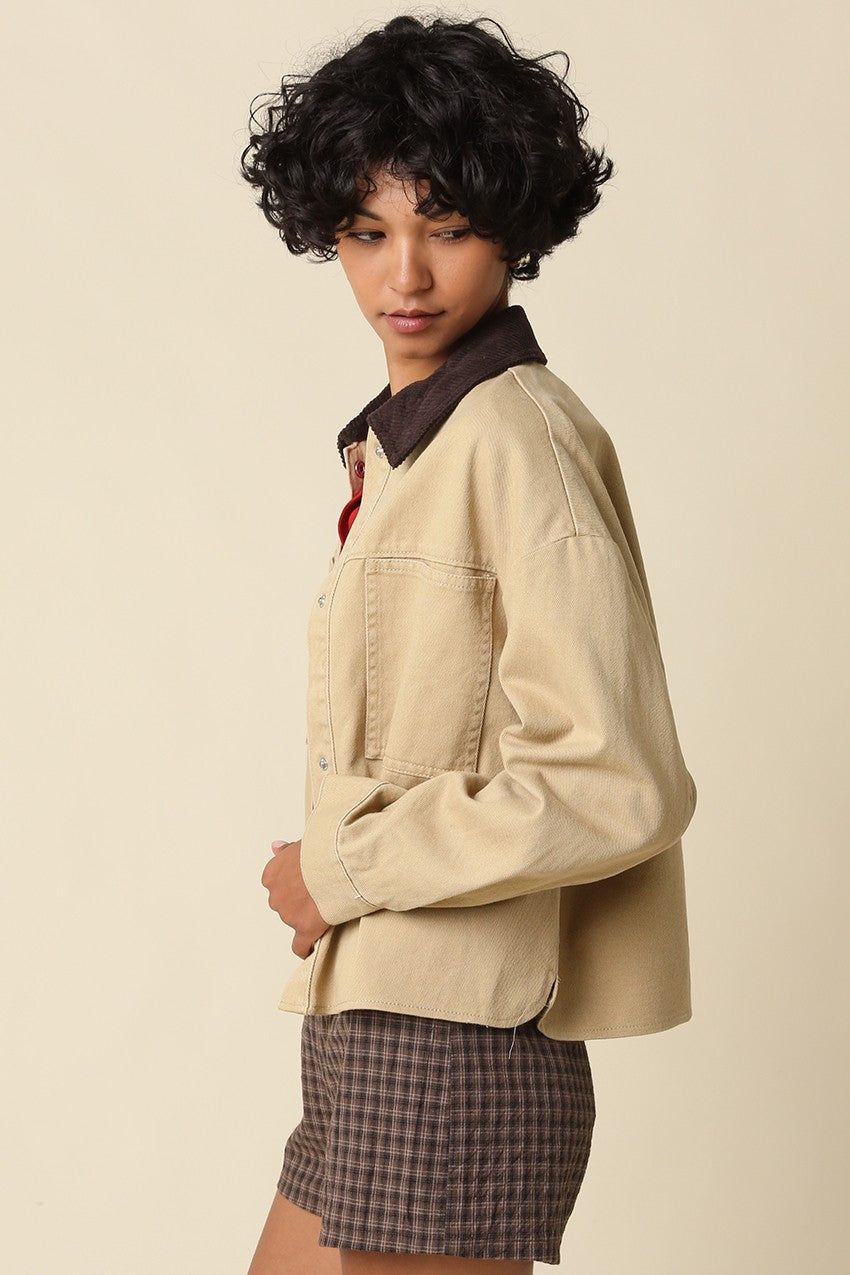 Long Sleeve Corduroy Contrast Button Down Jacket Tan