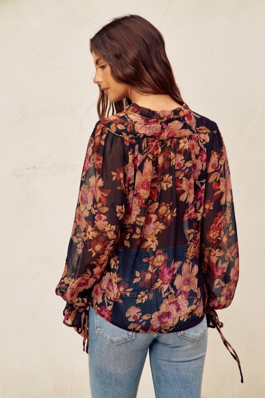 Long Sleeve Floral Print Top Black
