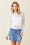  Long Sleeve Ruched Mesh Top White