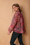 Long Sleeve Button Down Paisley Print Top Fuchsia