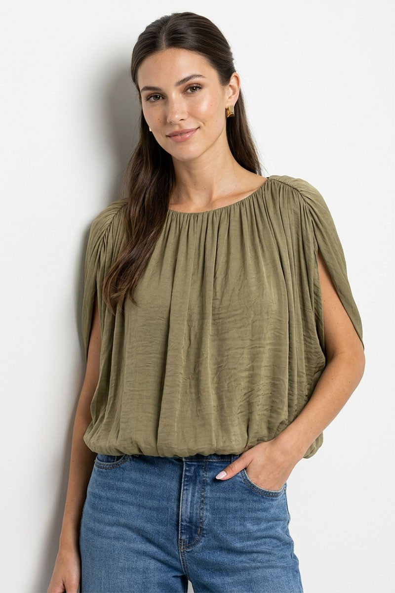 Short Open Drape Sleeve Bubble Top Olive