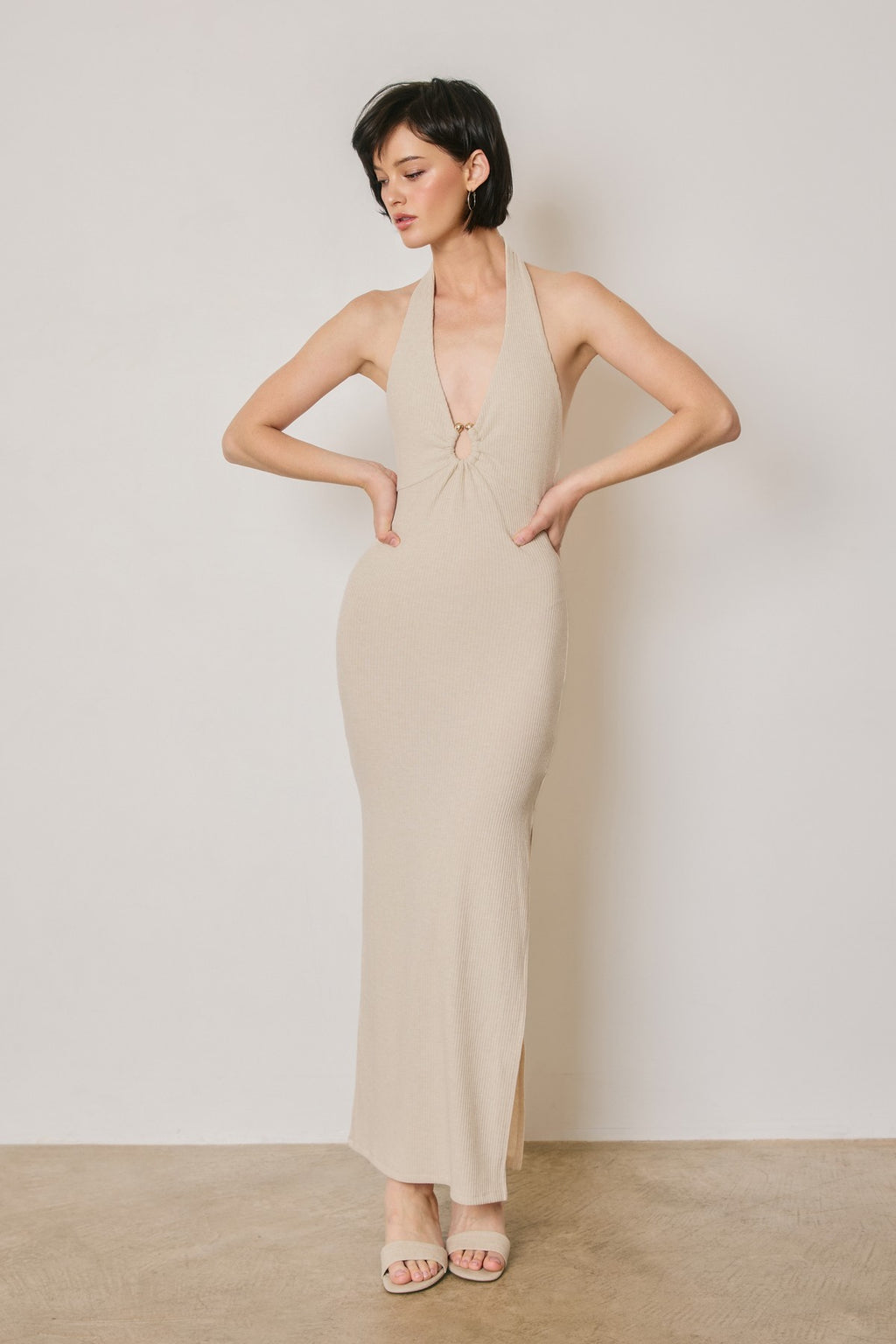 Sleeveless Halter Open Back Maxi Dress Cream