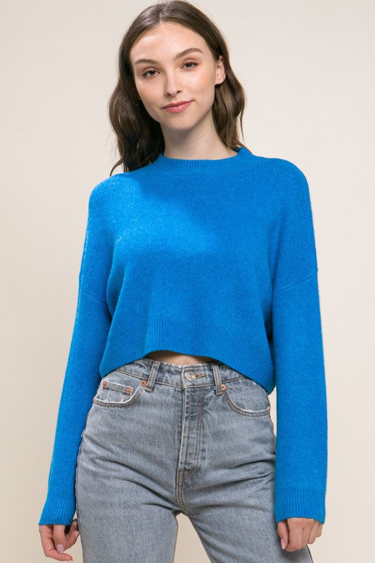  Long Sleeve Crop Sweater Top Blue