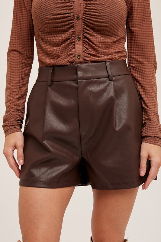 High Waist Faux Leather Shorts Brown