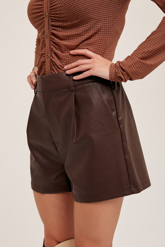 High Waist Faux Leather Shorts Brown