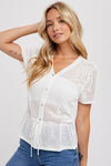Short Sleeve Button Down Knit Top White
