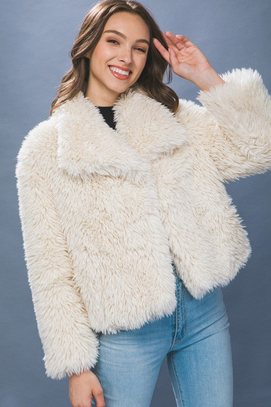  Long Sleeve Faux Fur Jacket Ivory