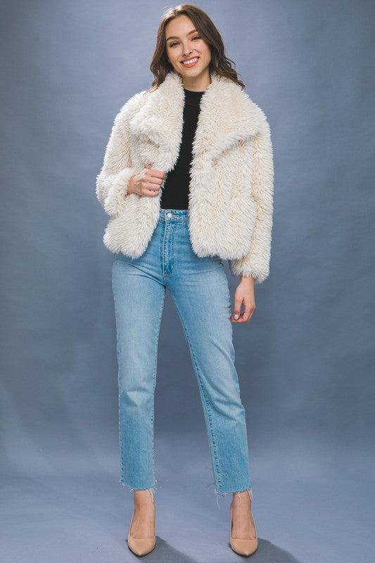  Long Sleeve Faux Fur Jacket Ivory