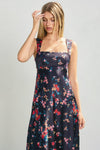 Sleeveless Open Back Tie Floral Print Midi Dress Navy