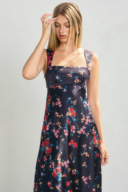Sleeveless Open Back Tie Floral Print Midi Dress Navy
