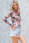 Long Sleeve Floral Print Mesh Top Black