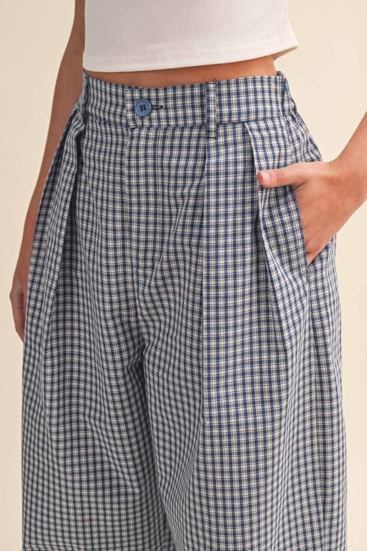 High Waist Gingham Print Wide Leg Pintuck Pants Blue