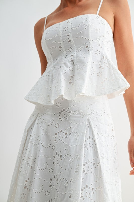 Sleeveless Peplum Top And High Waist Eyelet Midi Skirt Set White