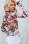 Long Sleeve Floral Print Mesh Top Black