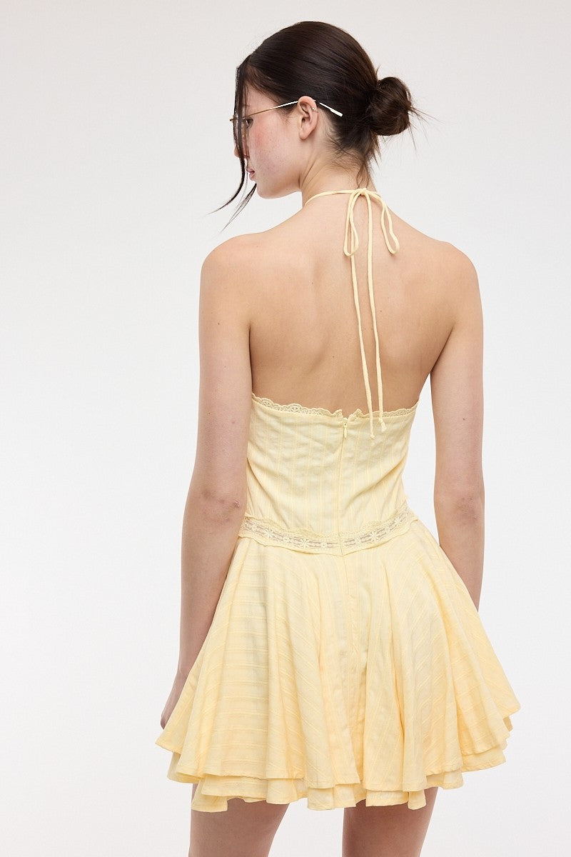 Sleeveless Halter Pretty Lace And Layered Mini Dress Yellow