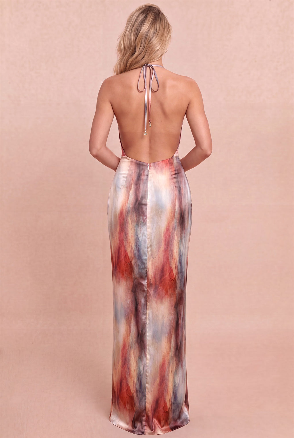 Sleeveless Halter Front Knot Abstract Print Maxi Dress Cream