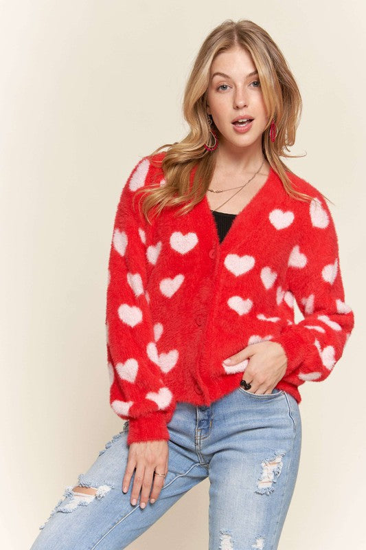 Heart Print Cardigan Sweater Top Red
