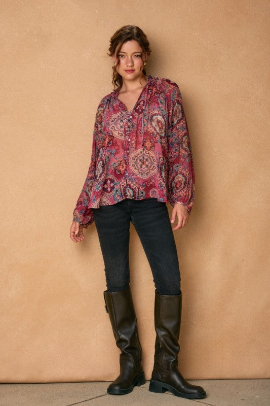 Long Sleeve Button Down Paisley Print Top Fuchsia