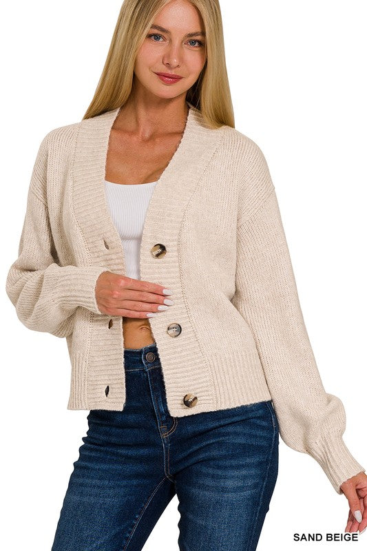 Long Sleeve Button Down Crop Cardigan Beige