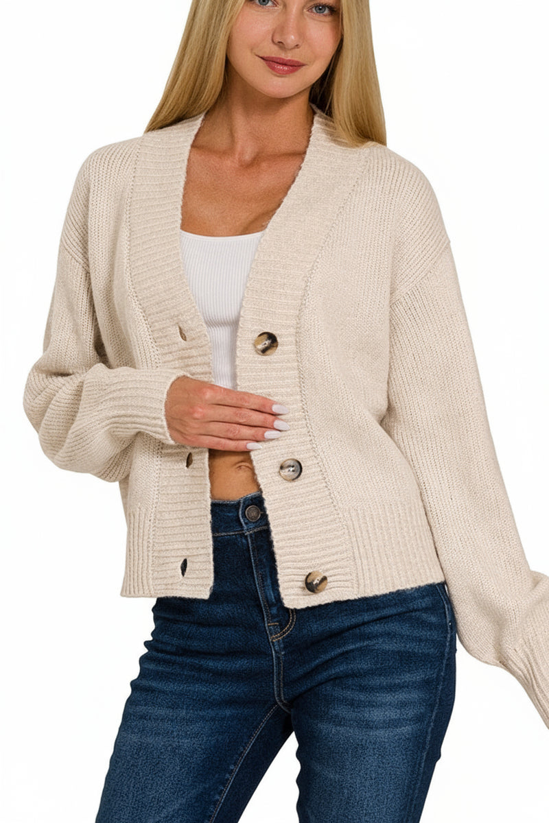 Long Sleeve Button Down Crop Cardigan Beige