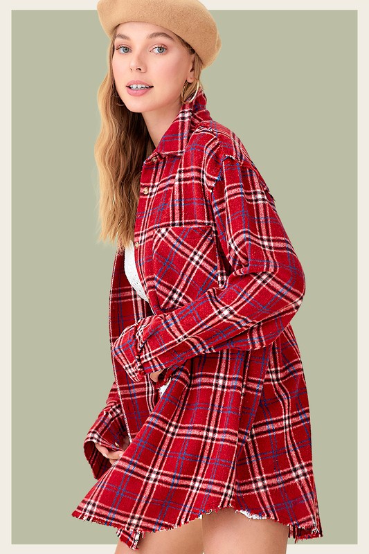  Long Sleeve Oversized Button Down Plaid Print Top Red