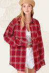  Long Sleeve Oversized Button Down Plaid Print Top Red