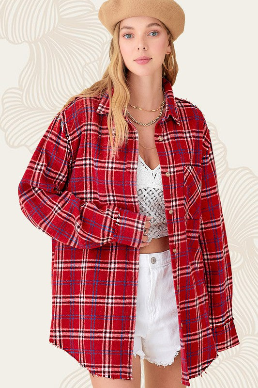  Long Sleeve Oversized Button Down Plaid Print Top Red