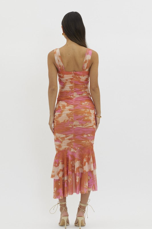 Sleeveless Abstract Print Mesh Midi Dress Pink