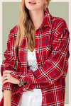  Long Sleeve Oversized Button Down Plaid Print Top Red