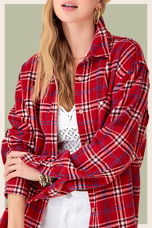  Long Sleeve Oversized Button Down Plaid Print Top Red