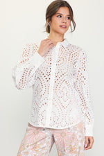  Long Sleeve Eyelet Lace Button Down Top White