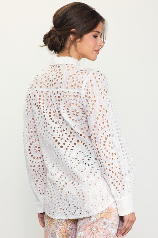  Long Sleeve Eyelet Lace Button Down Top White