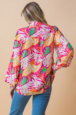 Long Sleeve Button Down Abstract Print Top Pink