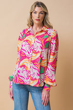 Long Sleeve Button Down Abstract Print Top Pink