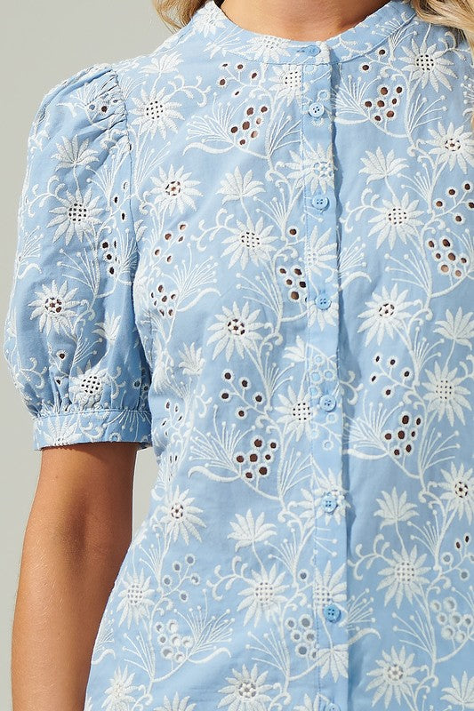Short Puff Sleeve Button Down Eyelet Floral Top Blue