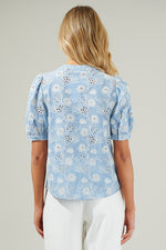 Short Puff Sleeve Button Down Eyelet Floral Top Blue