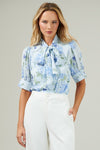 Short Puff Sleeve Neck Tie Floral Top Blue
