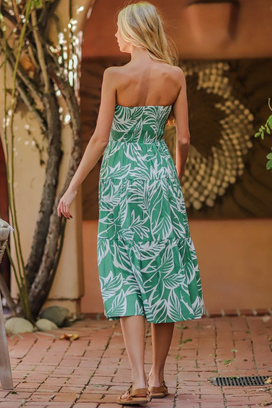 Sleeveless Tropical Print Midi Dress Green