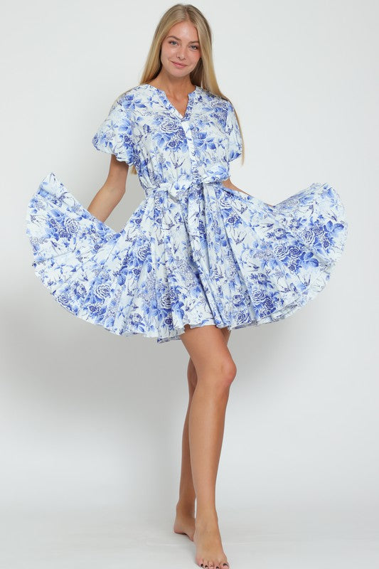  Short Bubble Sleeve Floral Print Mini Dress Blue