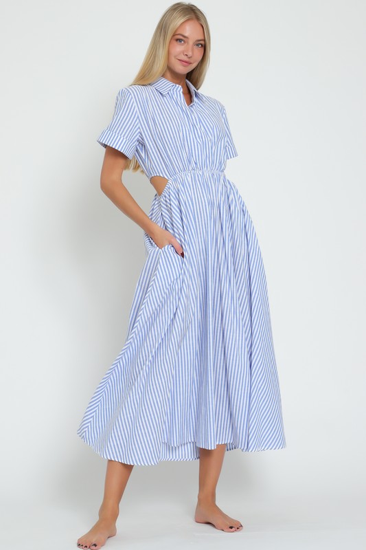 Short Sleeve Cut Out Stripe Print Midi Dress Blue